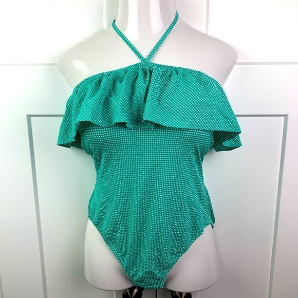 J. Crew Other - NWT J Crew Size 10 Gingham Ruffle Bandeau One Piece Swimsuit Emerald Green White